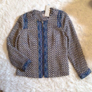 NWT Chico’s Tweed Fringe Blazer Jacket 1 Med 6 8 10 Fall Blue Mix Med Easter Zip